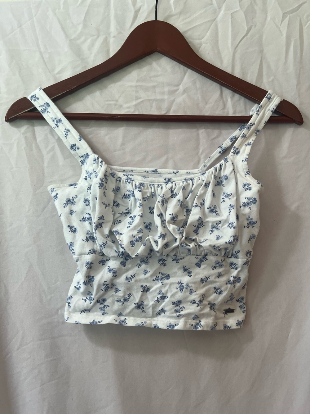 Hollister White Crop Tank with Blue Floral Print